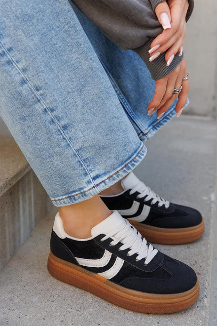 BLACK FAUX SUEDE SIDE STRIPE PALTFORM GUM TRIPLE SOLE SNEAKERS