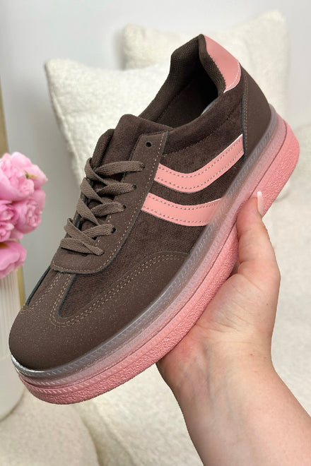 BROWN FAUX SUEDE SIDE STRIPE PALTFORM GUM TRIPLE SOLE SNEAKERS