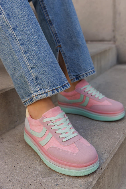 PINK FAUX SUEDE SIDE STRIPE PALTFORM GUM TRIPLE SOLE SNEAKERS