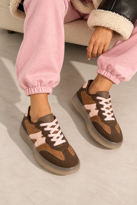 Chocolate Brown Suede Effect Lace Up Sneakers | Wholesale