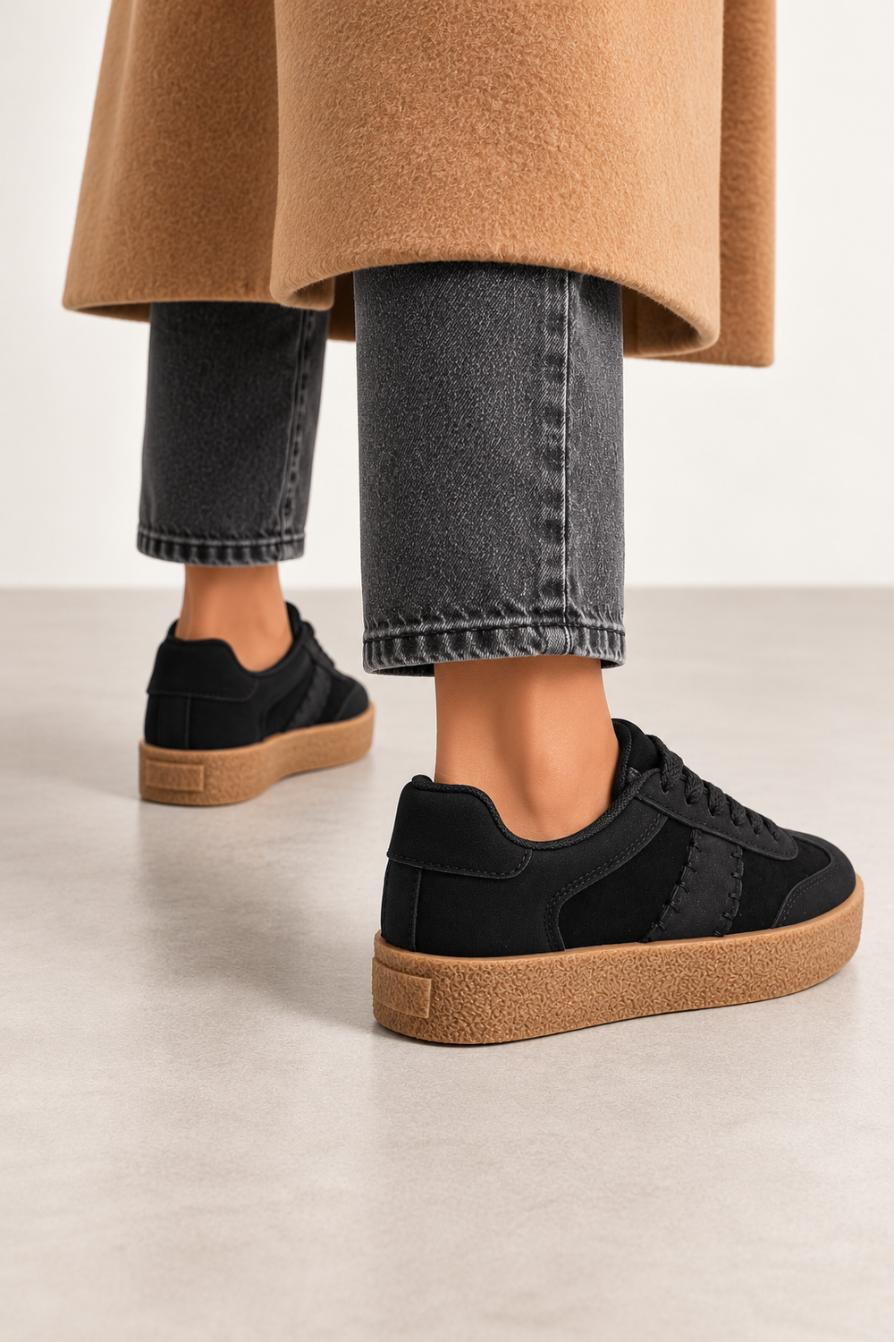 Rich Matte Black Suede-Effect Gum Sole Trainers | Wholesale