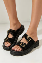 Black Gold-Studded Suede Double Strap Platform Mules