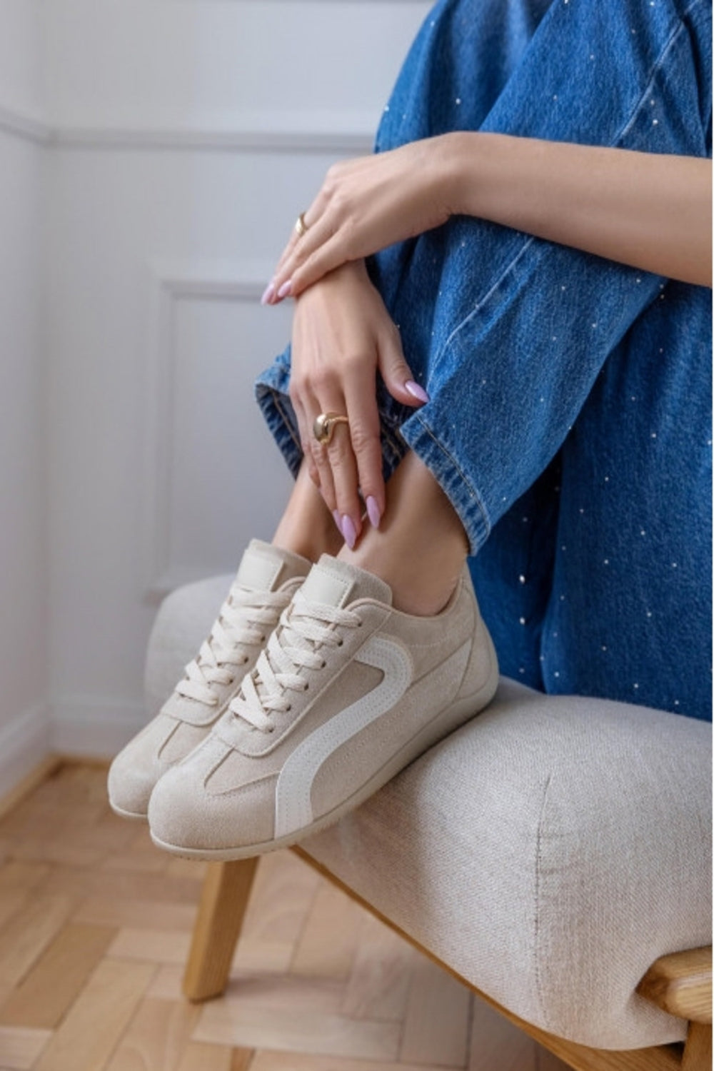 Women's Beige Faux Suede Retro Panelled Trainers