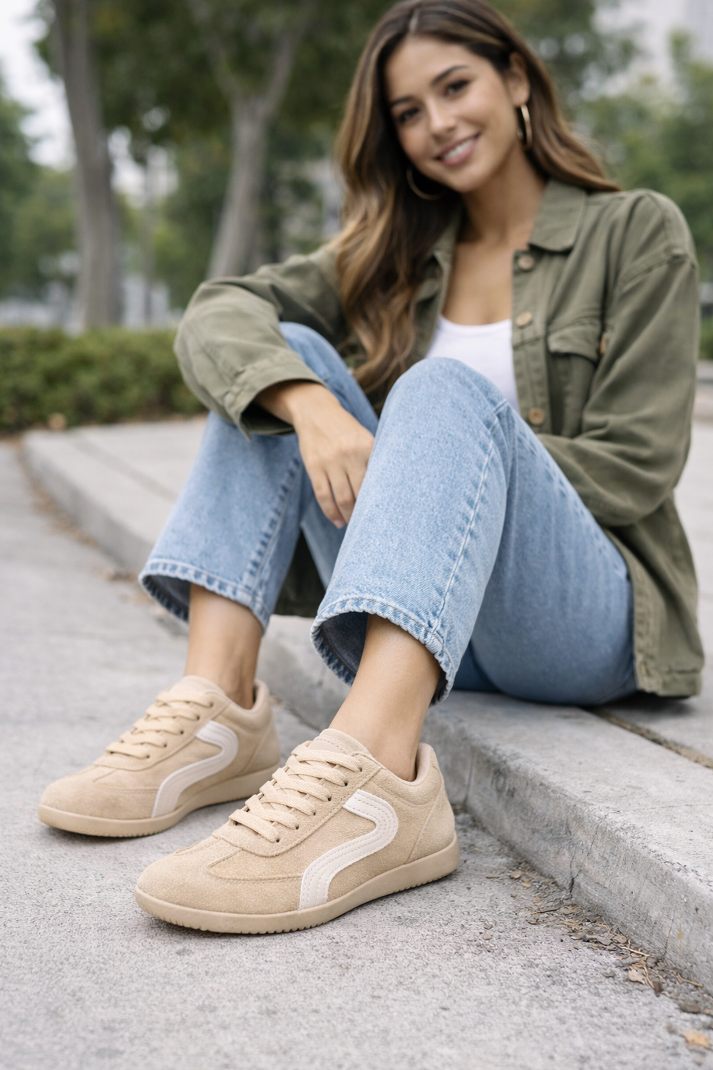 Women's Beige Faux Suede Retro Panelled Trainers