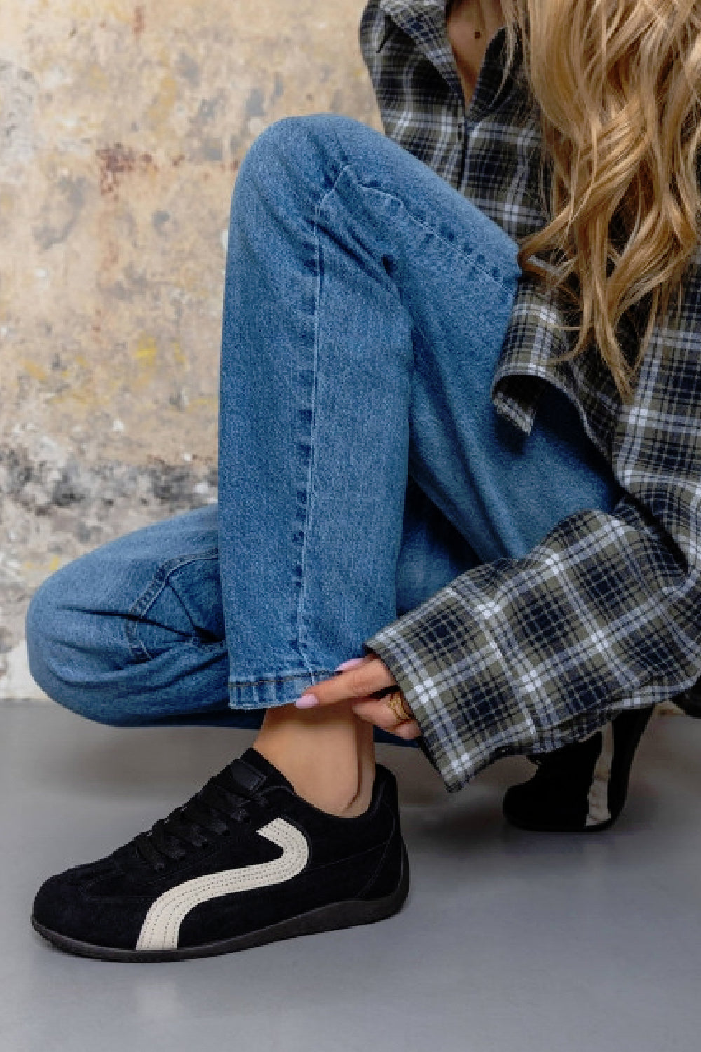 Women's Black Faux Suede Retro Panelled Trainers