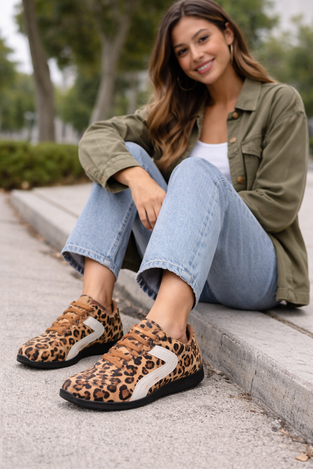 Women's Leopard Faux Suede Retro Panelled Trainers