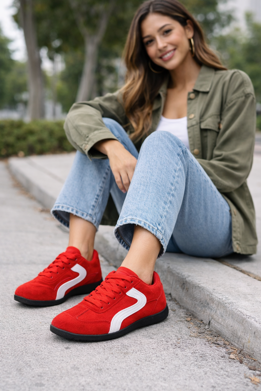 Women's Red Faux Suede Retro Panelled Trainers