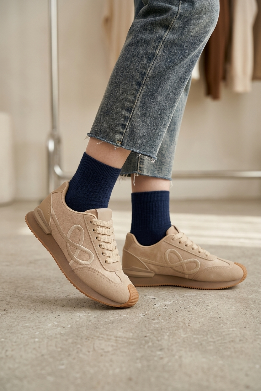Ladies Khaki Suede Lace-Up Casual Trainers with Cushioned Sole