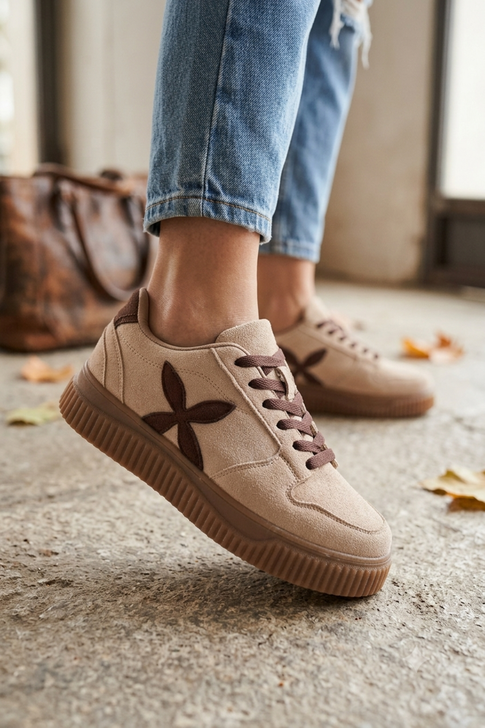 Women's Khaki Suede Platform Trainers with Contrast Side Motif