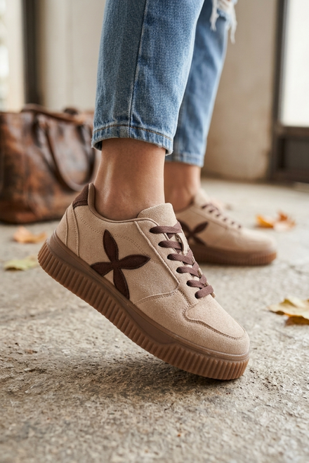 Women's Khaki Suede Platform Trainers with Contrast Side Motif