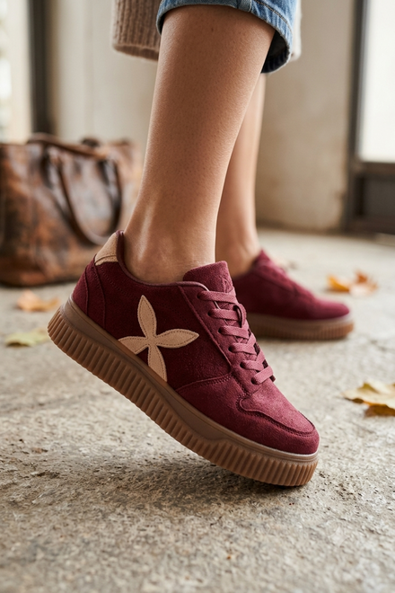 Women's Burgundy Suede Platform Trainers with Contrast Side Motif