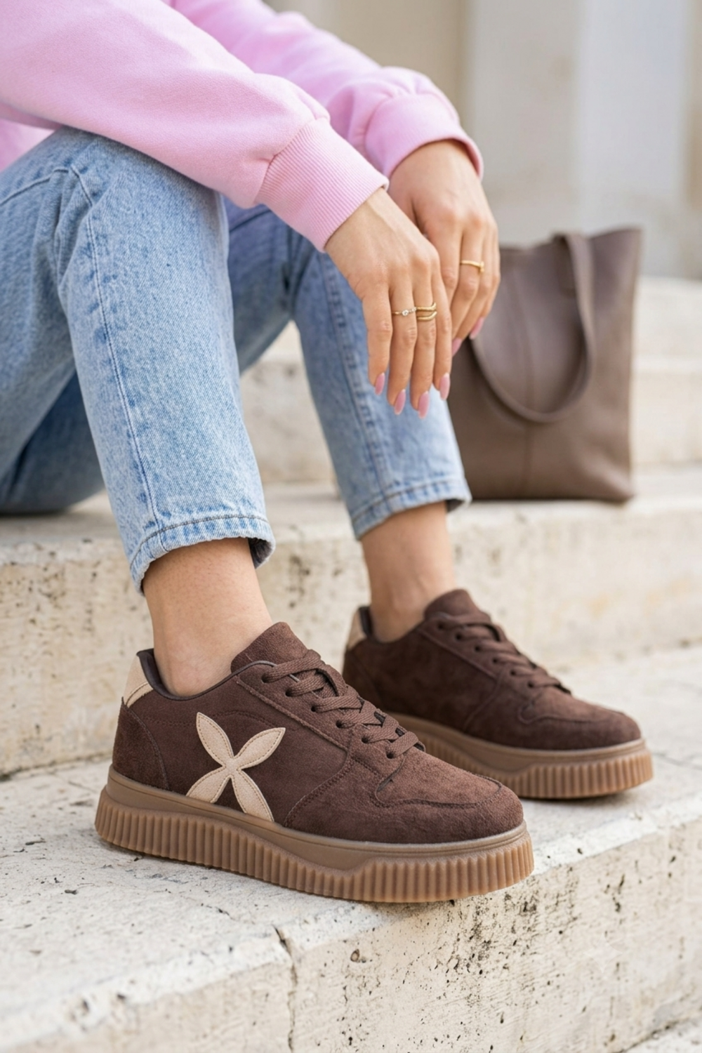 Women's Brown Suede Platform Trainers with Contrast Side Motif