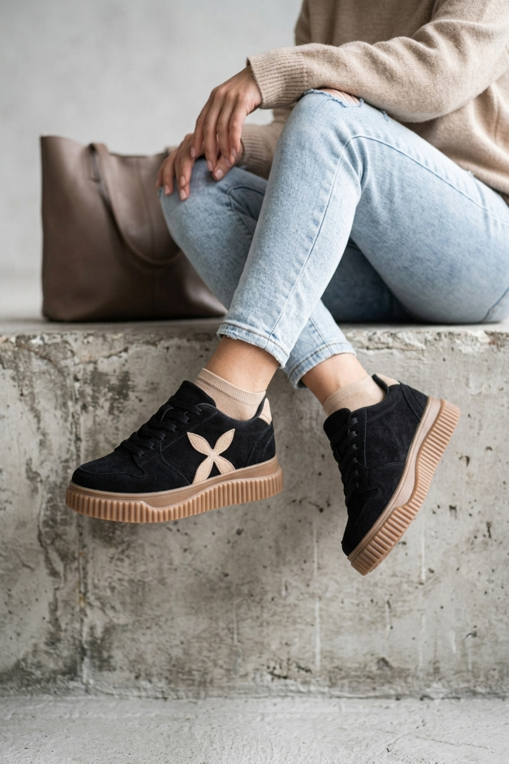 Women's Black Suede Platform Trainers with Contrast Side Motif