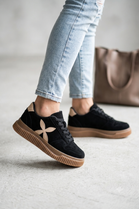 Women's Black Suede Platform Trainers with Contrast Side Motif
