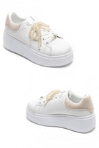 BEIGE WHITE PEARL LACE DETAIL LACE UP CHUNKY SNEAKERS TRAINERS