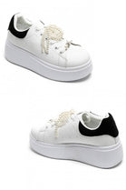 BLACK WHITE PEARL LACE DETAIL LACE UP CHUNKY SNEAKERS TRAINERS