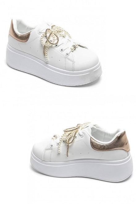 CHAMPAGNE WHITE PEARL LACE DETAIL LACE UP CHUNKY SNEAKERS TRAINERS