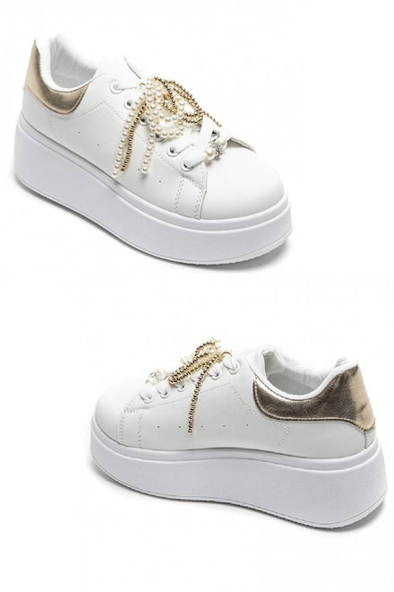 GOLD WHITE PEARL LACE DETAIL LACE UP CHUNKY SNEAKERS TRAINERS