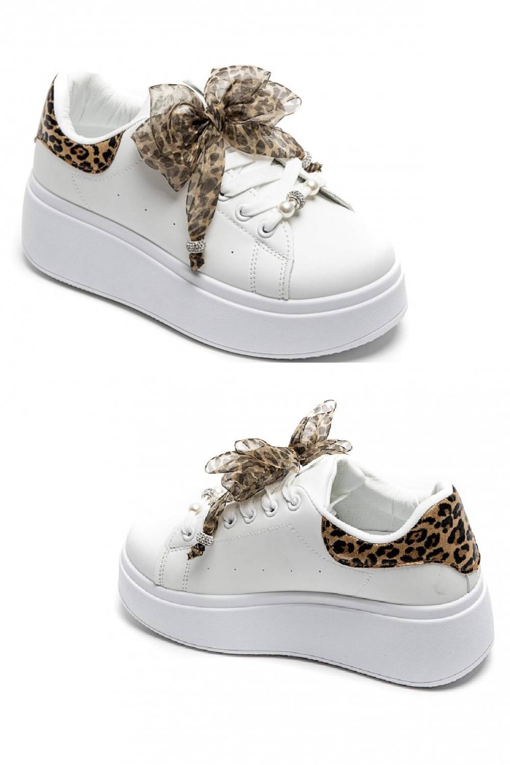 LEOPARD WHITE SATIN KNOT DETAIL LACE UP CHUNKY SNEAKERS TRAINERS