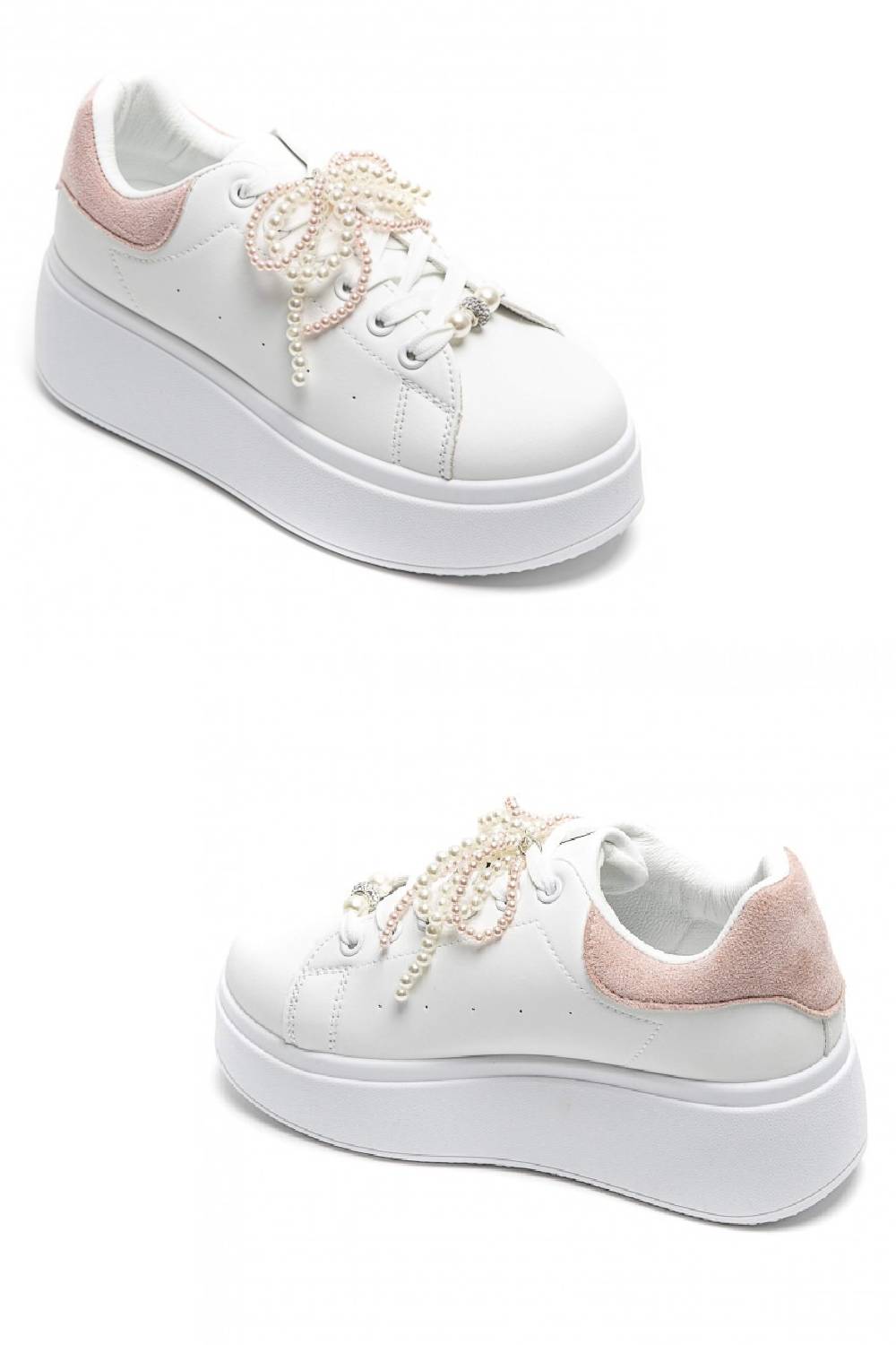 PINK WHITE PEARL LACE DETAIL LACE UP CHUNKY SNEAKERS TRAINERS