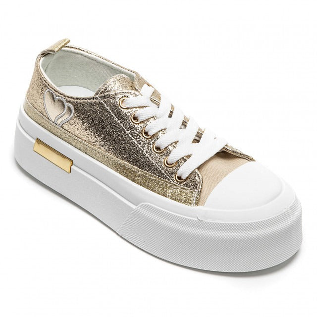 GOLD LACE UP HEART DETAIL CHUNKY STYLISH FLAT TRAINERS