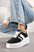 BLACK CHUNKY LACE UP FLAT SIDE DETAIL SNEAKERS TRAINERS