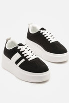 BLACK CHUNKY LACE UP FLAT SIDE DETAIL SNEAKERS TRAINERS