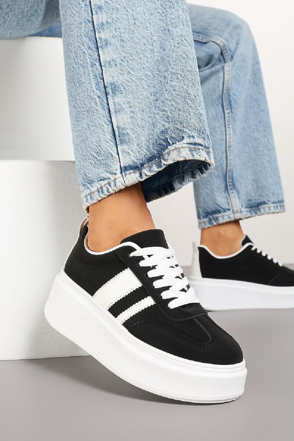 BLACK CHUNKY LACE UP FLAT SIDE DETAIL SNEAKERS TRAINERS