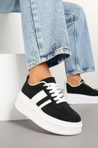 BLACK CHUNKY LACE UP FLAT SIDE DETAIL SNEAKERS TRAINERS