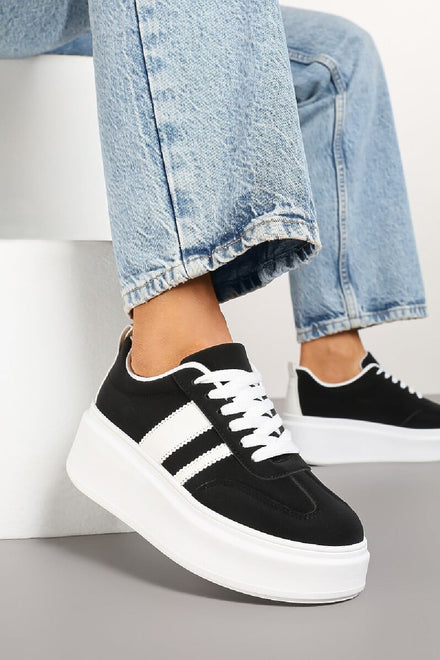 BLACK CHUNKY LACE UP FLAT SIDE DETAIL SNEAKERS TRAINERS
