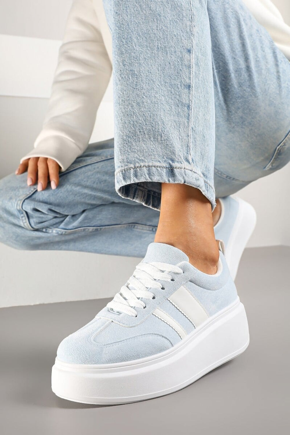 BLUE CHUNKY LACE UP FLAT SIDE DETAIL SNEAKERS TRAINERS