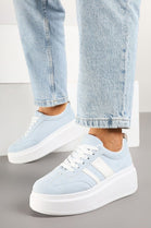 BLUE CHUNKY LACE UP FLAT SIDE DETAIL SNEAKERS TRAINERS