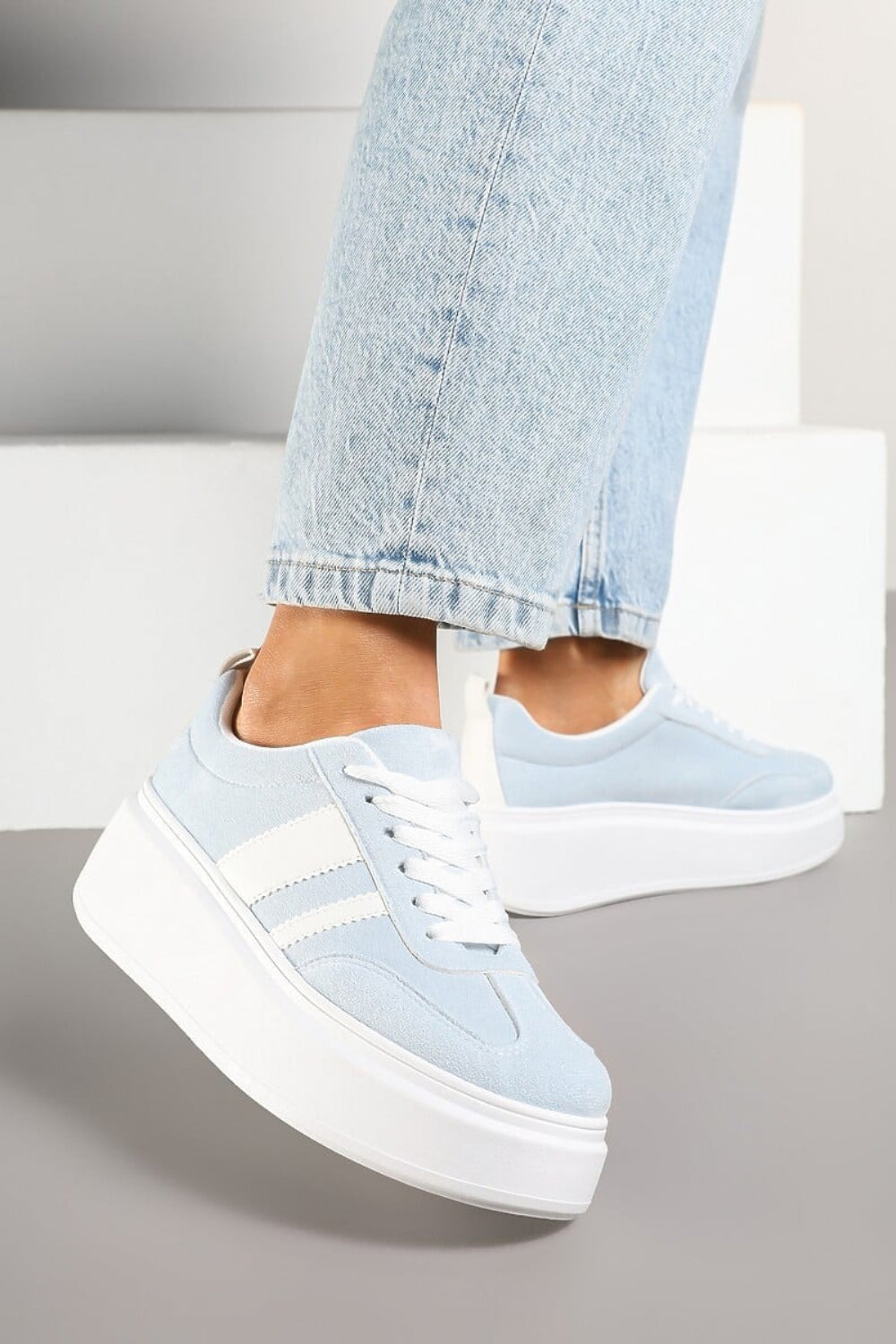 BLUE CHUNKY LACE UP FLAT SIDE DETAIL SNEAKERS TRAINERS