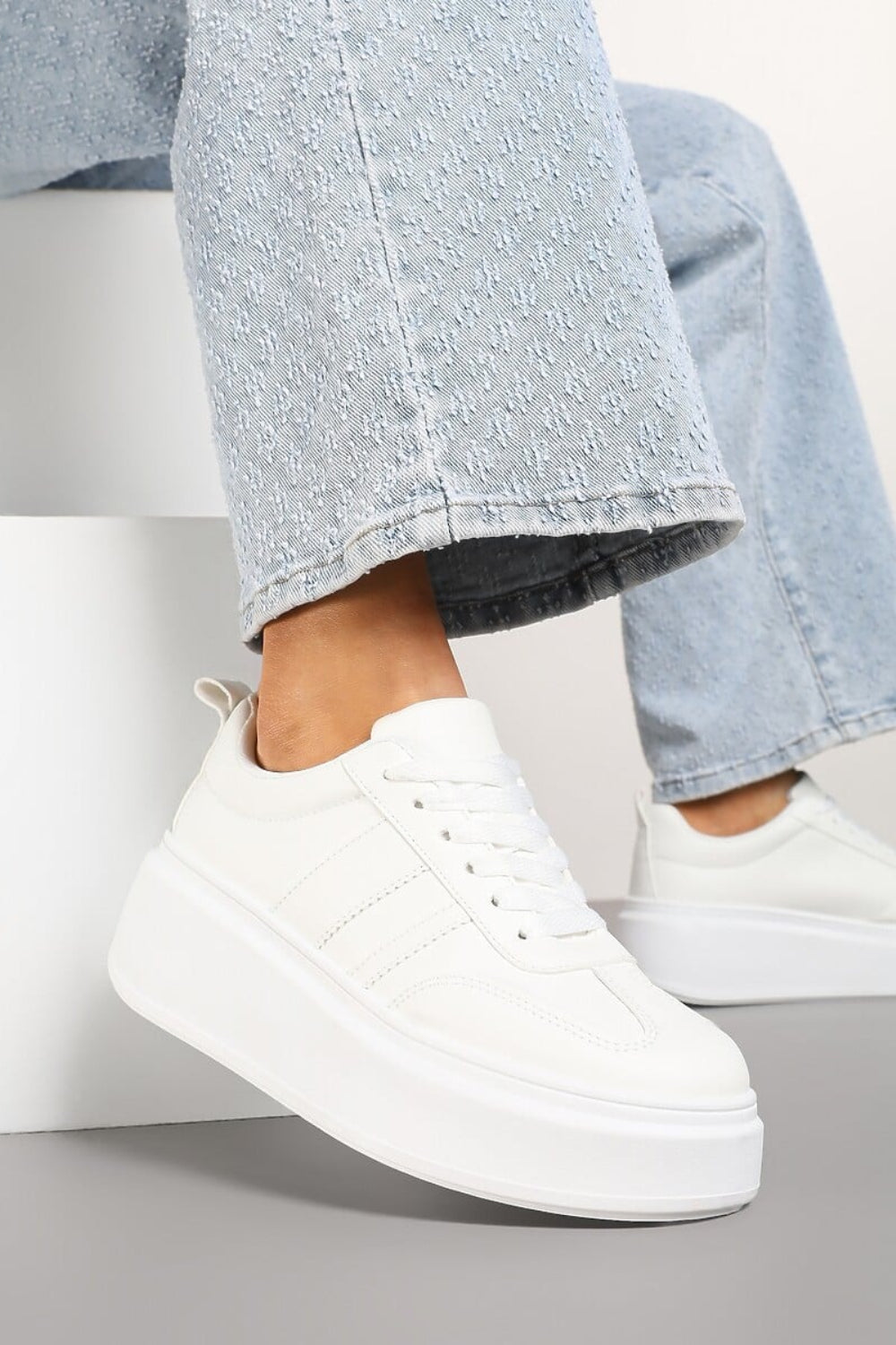 WHITE CHUNKY LACE UP FLAT SIDE DETAIL SNEAKERS TRAINERS