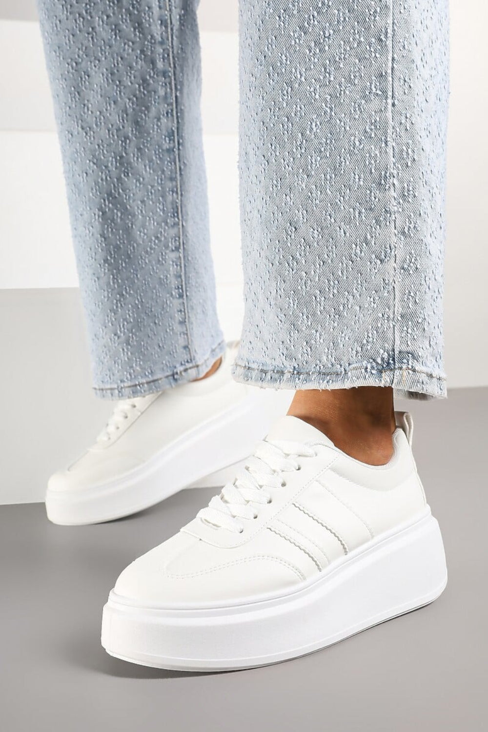 WHITE CHUNKY LACE UP FLAT SIDE DETAIL SNEAKERS TRAINERS