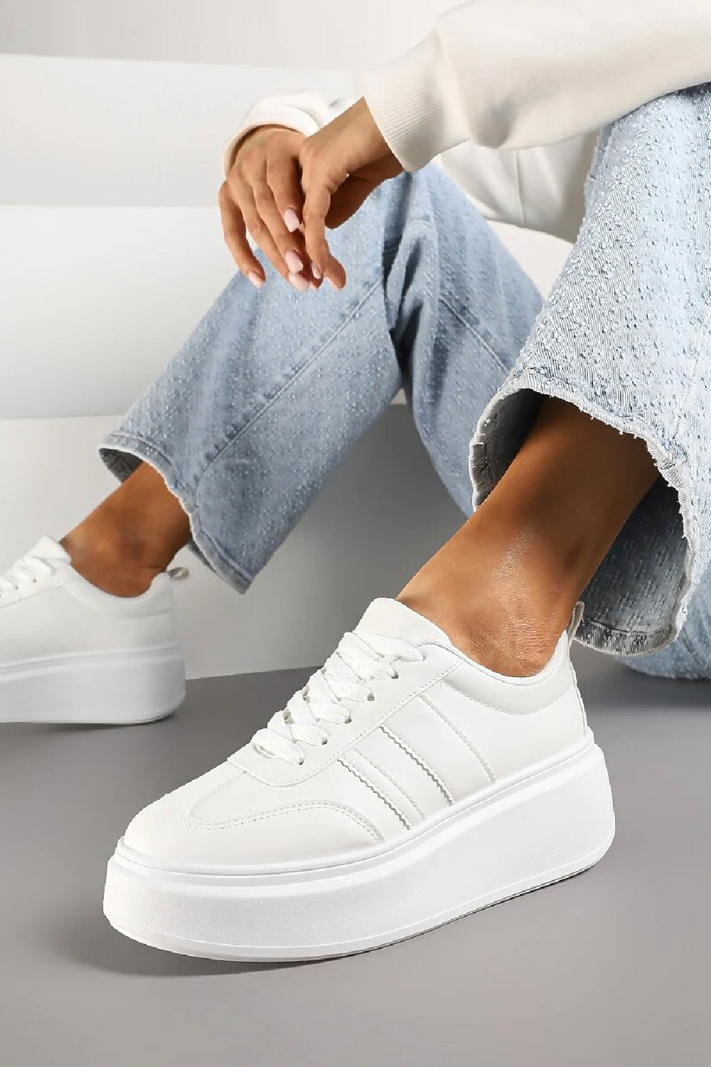 WHITE CHUNKY LACE UP FLAT SIDE DETAIL SNEAKERS TRAINERS