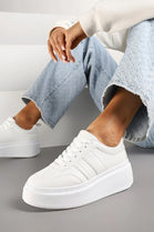 WHITE CHUNKY LACE UP FLAT SIDE DETAIL SNEAKERS TRAINERS