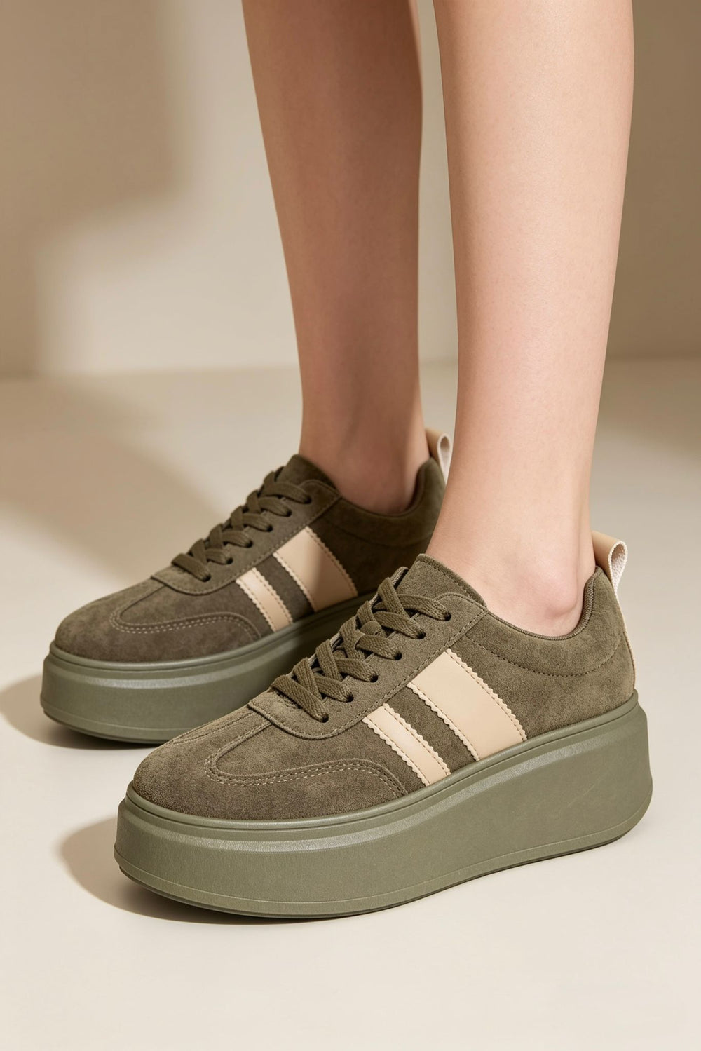 Green Suede Platform Trainers with Contrast Stripe Detail