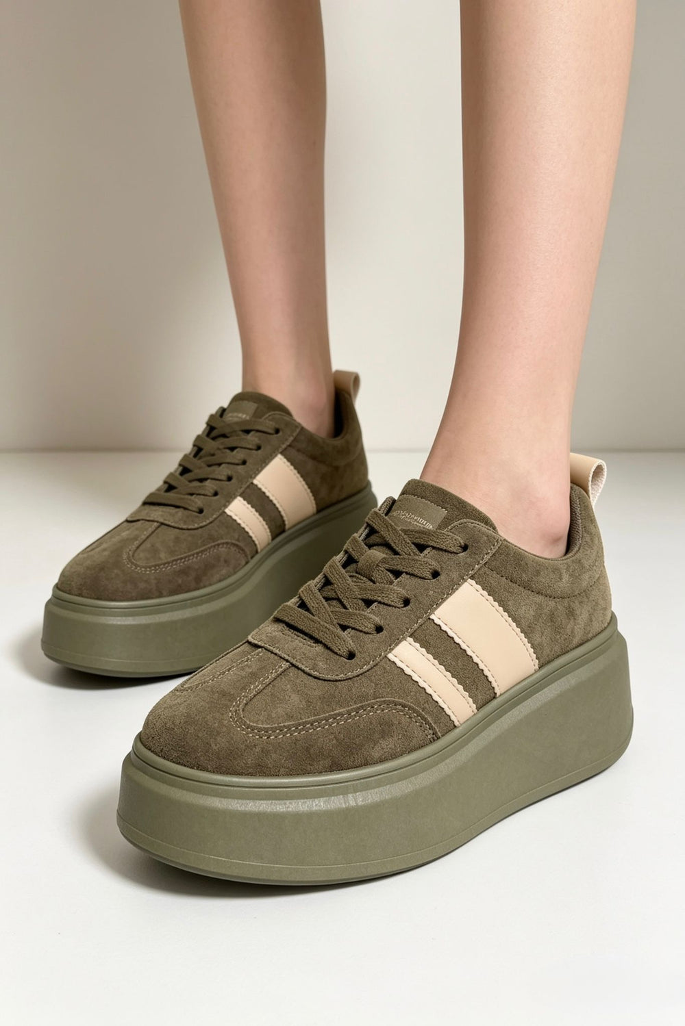 Green Suede Platform Trainers with Contrast Stripe Detail