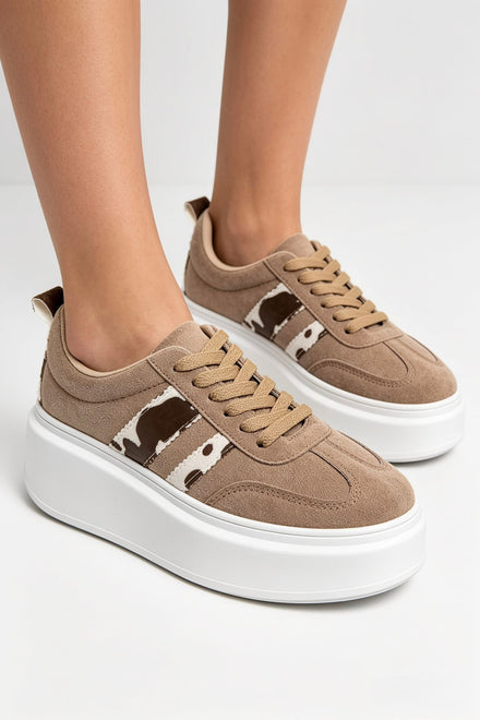 Coffee Suede Platform Trainers with Contrast Stripe Detail