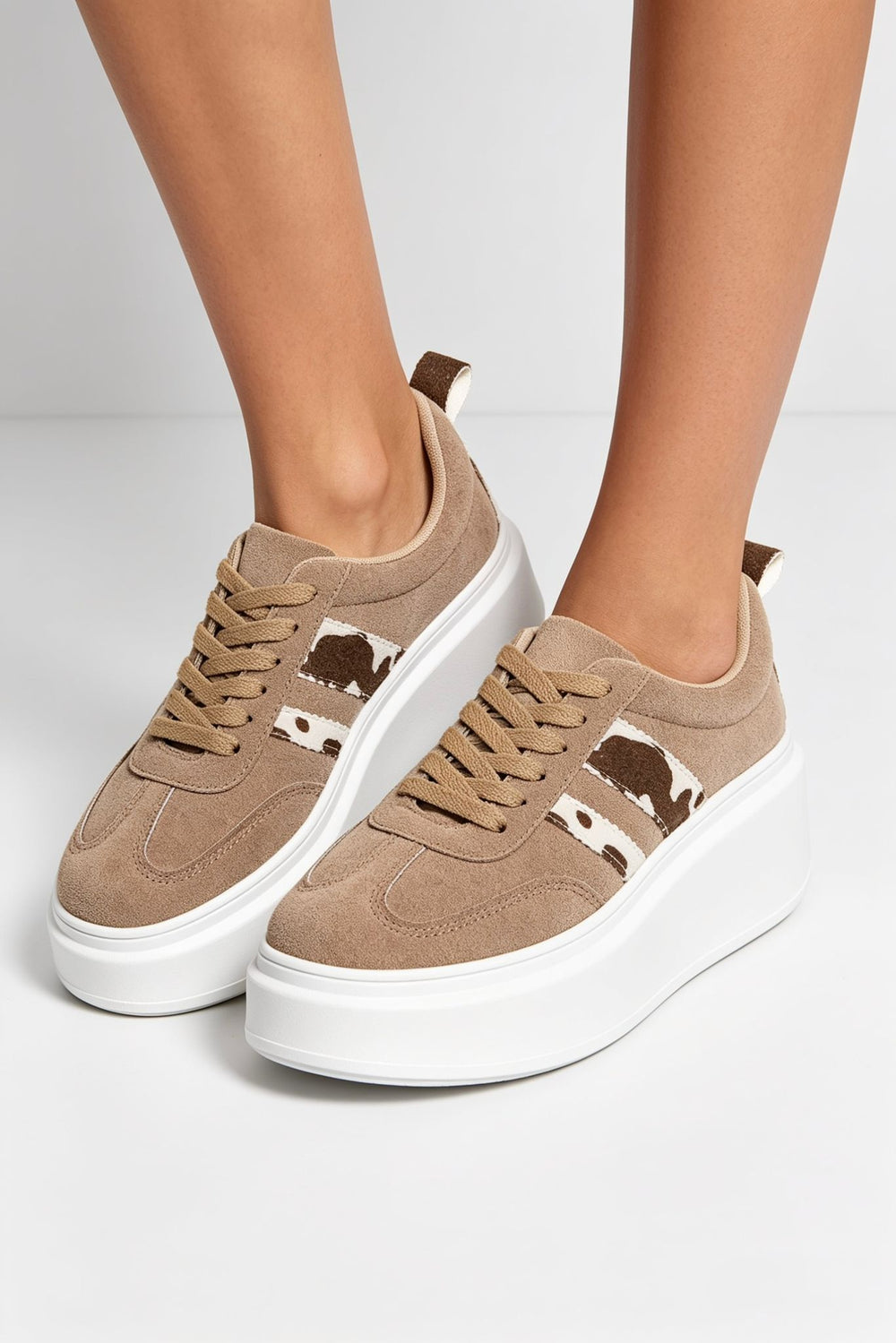 Coffee Suede Platform Trainers with Contrast Stripe Detail
