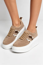 Coffee Suede Platform Trainers with Contrast Stripe Detail