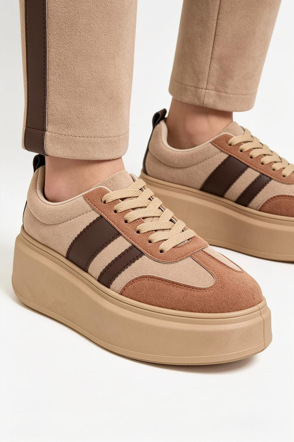 Mocha Suede Platform Trainers with Contrast Stripe Detail