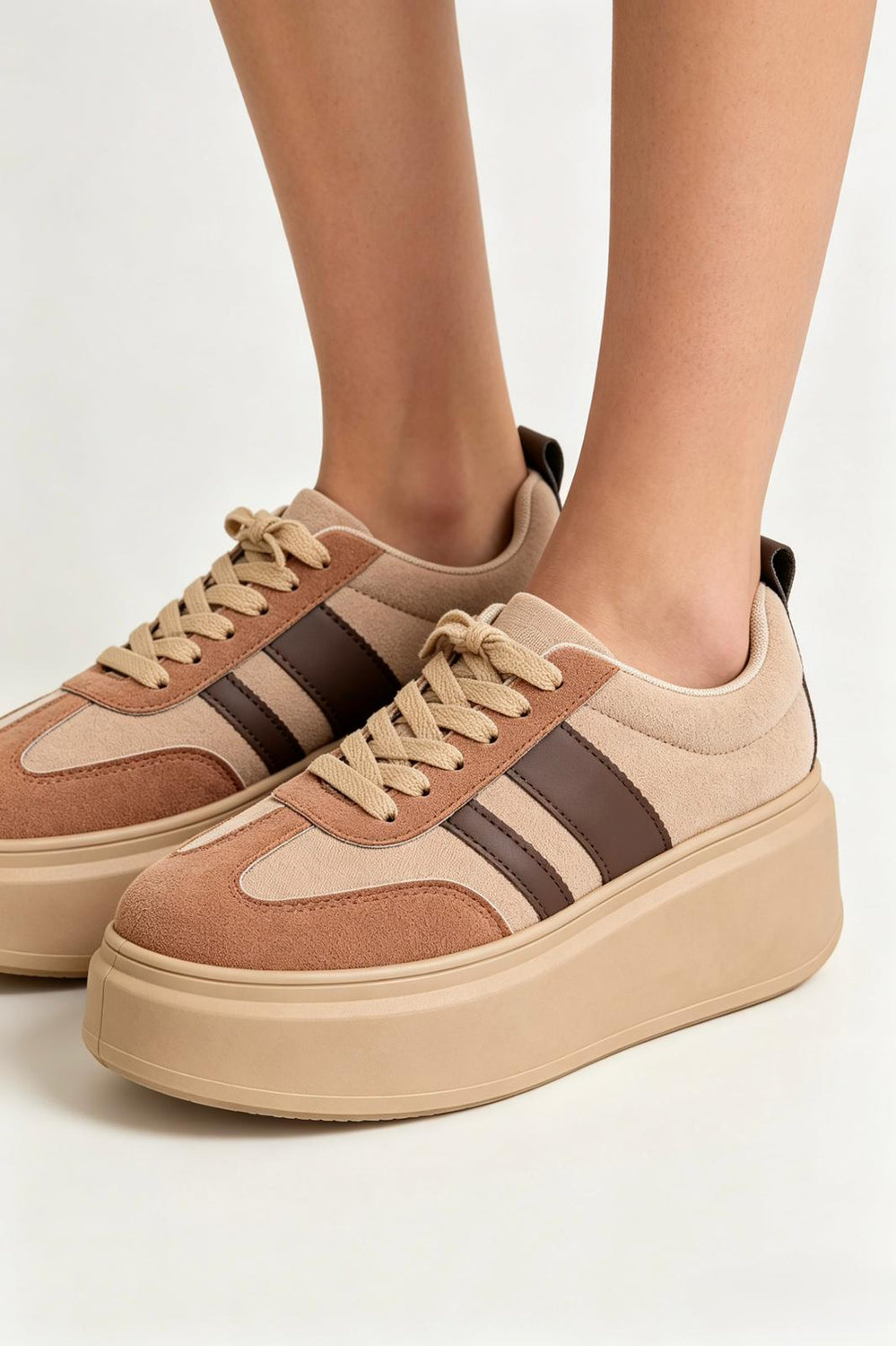 Mocha Suede Platform Trainers with Contrast Stripe Detail