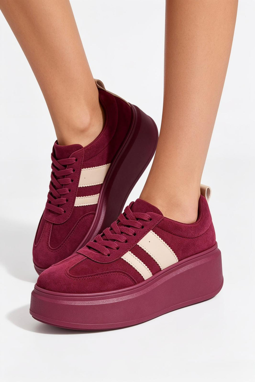Wine Suede Platform Trainers with Contrast Stripe Detail