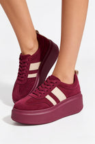 Wine Suede Platform Trainers with Contrast Stripe Detail