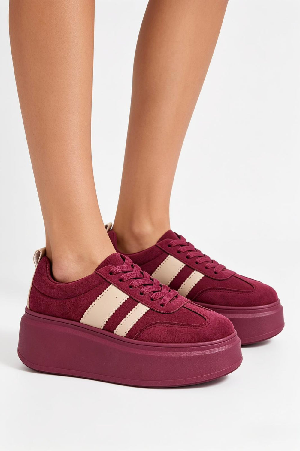 Wine Suede Platform Trainers with Contrast Stripe Detail
