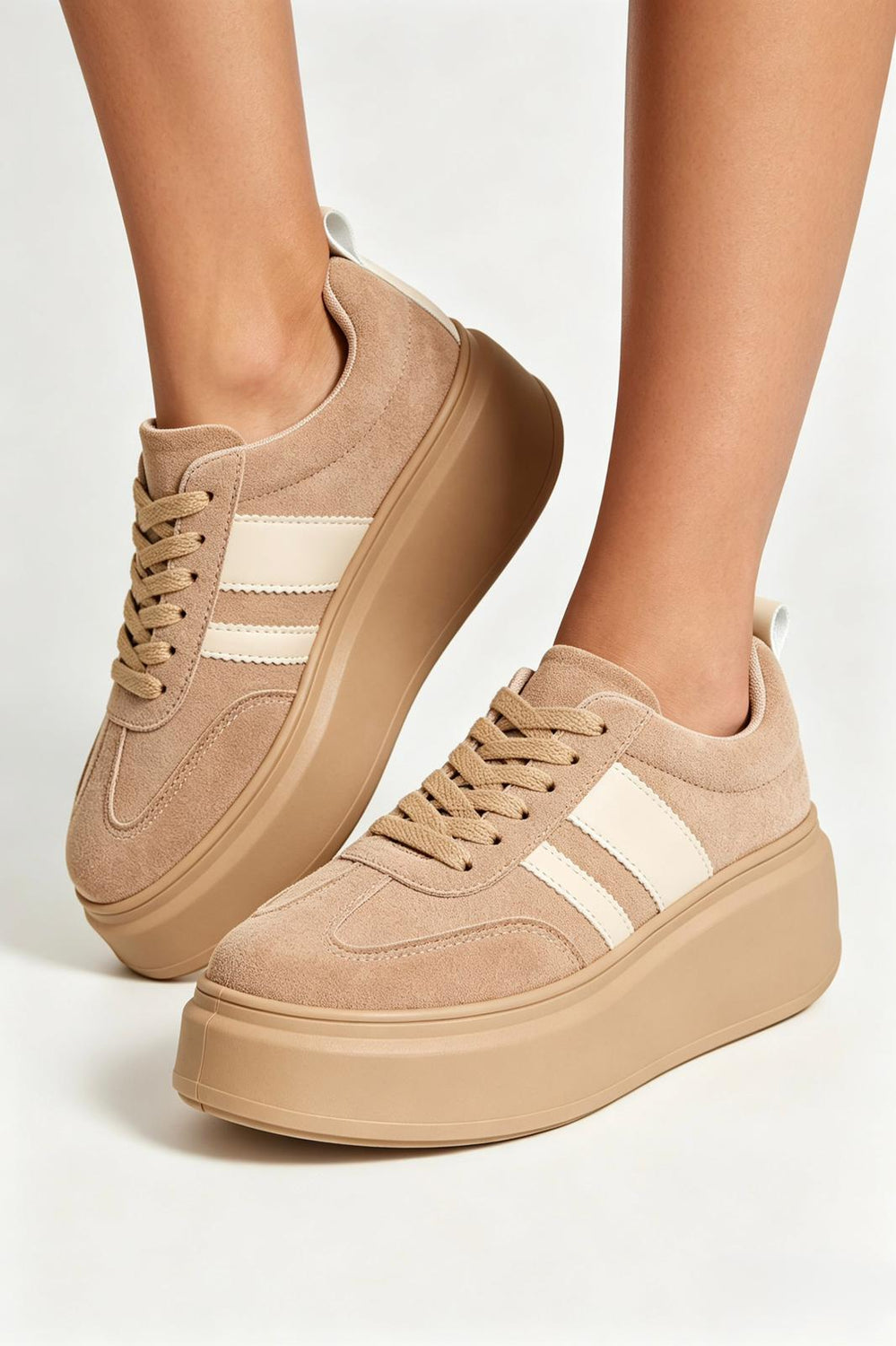 Khaki Platform Trainers with Contrast Stripe Detail