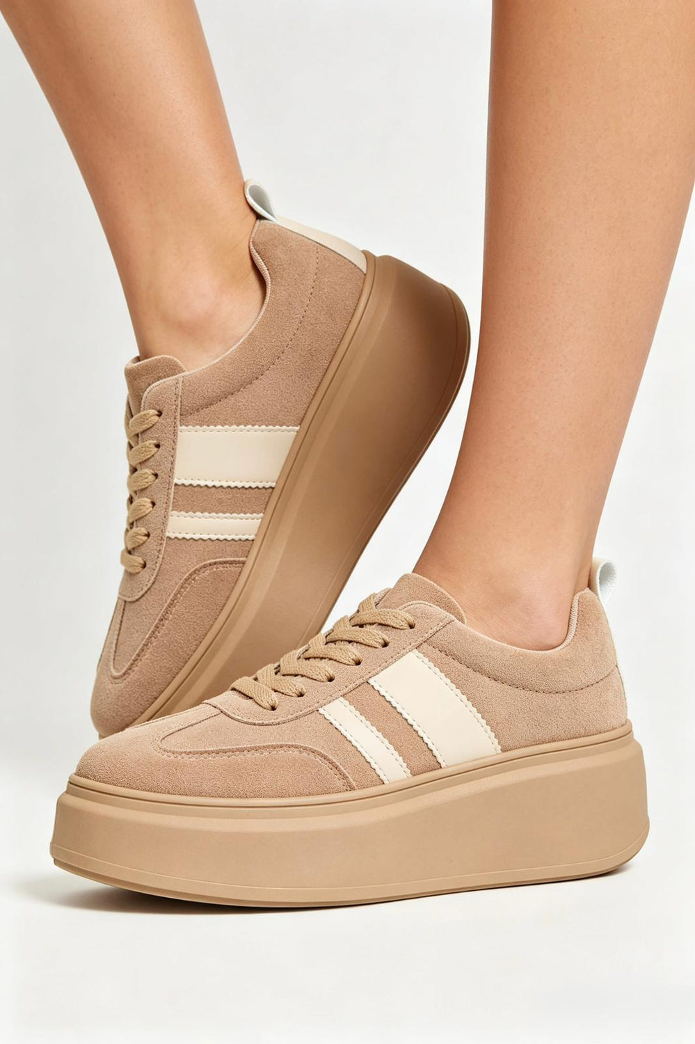 Khaki Platform Trainers with Contrast Stripe Detail
