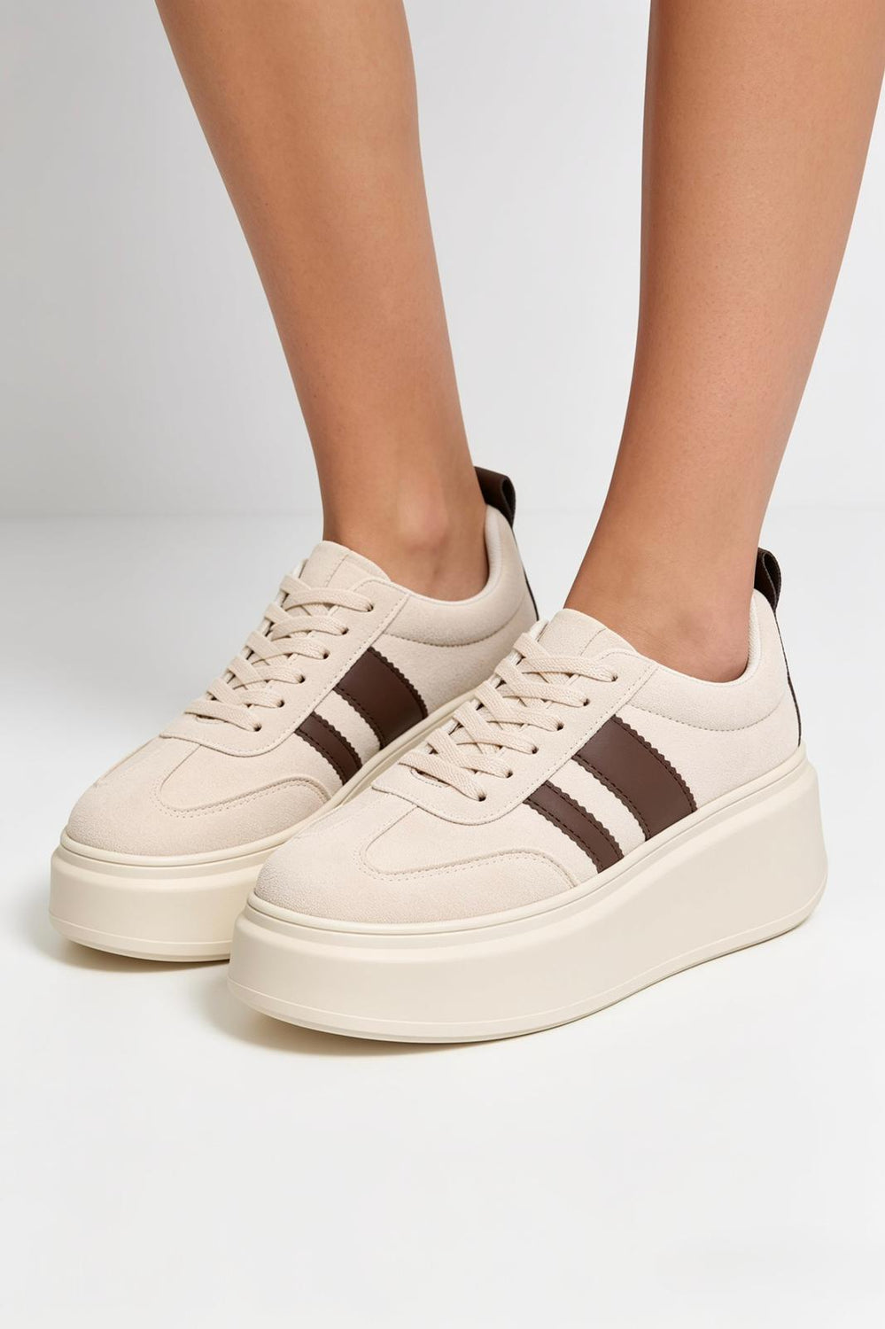 Beige Platform Trainers with Contrast Stripe Detail